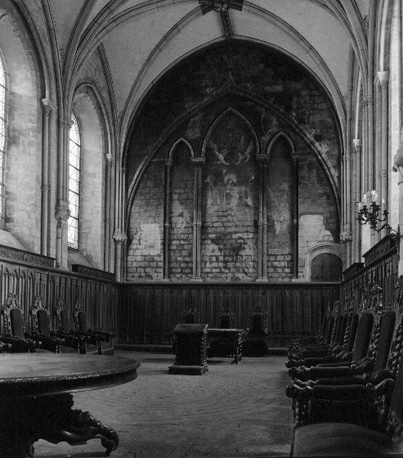 Chapter room looking north with fresco and floor with labyrinth