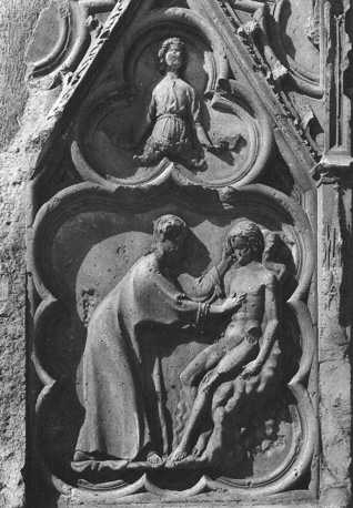 Western facade, relief of the plinth, upper section: Creation of Man