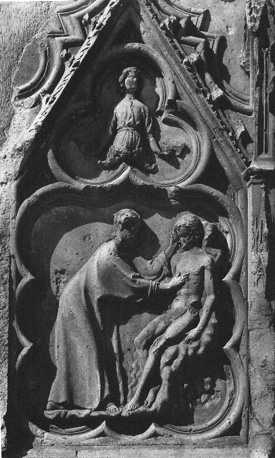 Western facade, relief of the plinth, upper section: Creation of Man