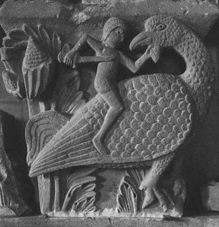 Choir, capital: male figure with sword riding a bird, probably a basilisk