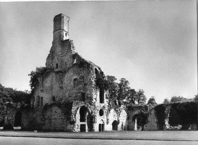 Ruïne van kruisgang en noordtransept vanuit noordwesten, dormitorium en sacristie zichtbaar