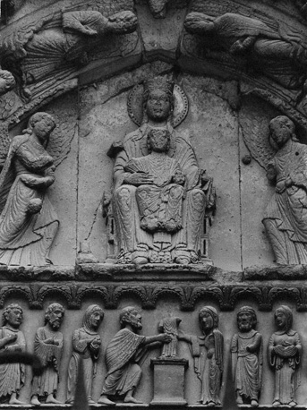 Portail Royal: Tronende Maria met Christuskind, omgeven door engelen; Opdracht in de tempel