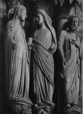 Noordtransept, linker portaal: Maria en Elizabeth (Visitatie) en de profeet Maleachi