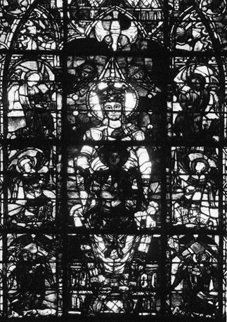 Zuidelijk deel van kooromgang, gebrandschilderd raam, detail: Notre-Dame de la Belle-Verrière