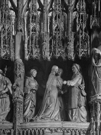 Koorafsluiting, zuidelijke zijde, beeldgroepen, scènes, detail: Visitatie (Maria en Elizabeth)