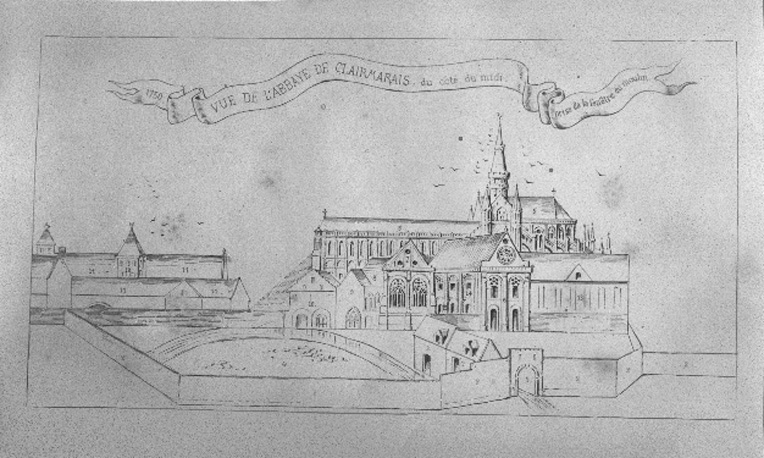 Gravure naar tekening uit 1750 van abdij vanuit zuiden