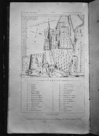 Gravure naar telening uit 1790 van kaart van abdij met legenda; abdij in vogelvlucht vanuit het westen