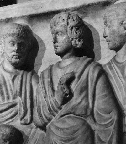 Crypte, antieke sarcofaag; detail Christus die blinden geneest
