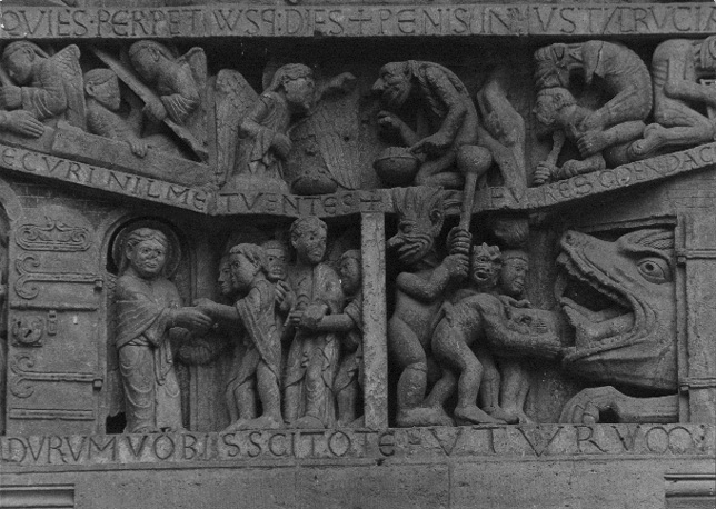 Laatste oordeel, detail: opstanding van de doden en  het wegen van de zielen