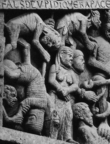Laatste oordeel, detail: De verdoemden in de hel. Westelijk portaal, timpaan.