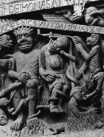 Laatste oordeel, detail: De verdoemden in de hel. Westelijk portaal, tympaan.