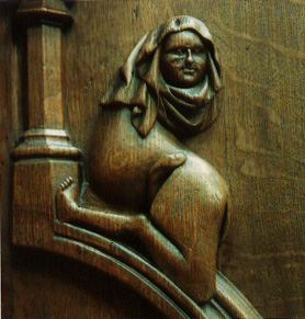 Koorbanken; mens-dier figuur