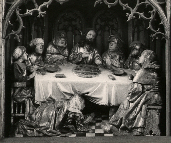 Detail passie-retabel: Maaltijd in Bethanië, Christus' voeten gezalfd door Maria Magdalena