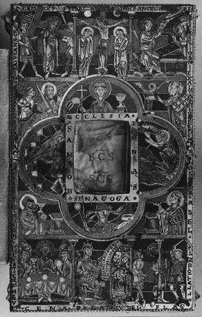Draagaltaar van Stavelot: bovenplat met Ecclesia en Synagoge; scenes uit Passie; Samson and Jonas; Abel, Melchisedek, Abraham, Mozes