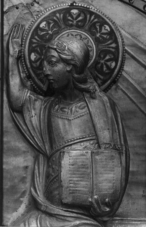 Pinksterretabel met afbeeldingen van apostelen en Christus; detail: een apostel