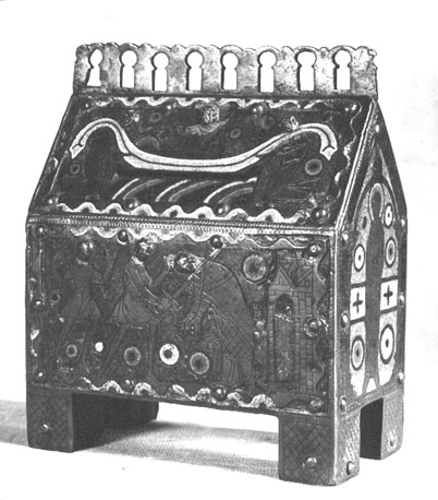 Reliekschrijn van Thomas Becket: (boven) graflegging, (beneden) moord op Becket; rechts: poort van burcht