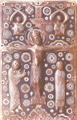 Boekband: Christus aan het kruis met Maria en engel van de Annunciatie aan weerszijden van het kruis, twee engelen boven het kruis