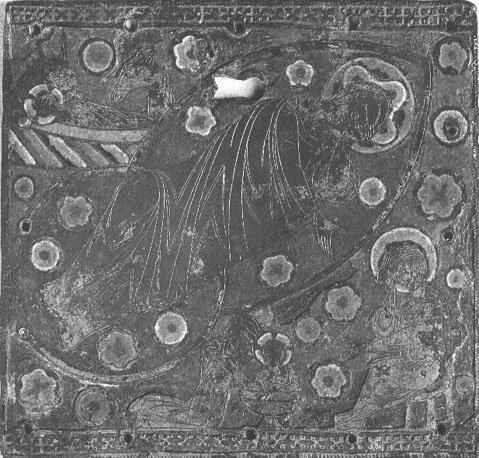 Geëmailleerd plaatje: Geboorte van Christus; midden: rustende Maria, kijkend naar Christuskind; linksboven: Christuskind, os en ezel; rechtsonder: Jozef, vroedvrouw wast Christuskind