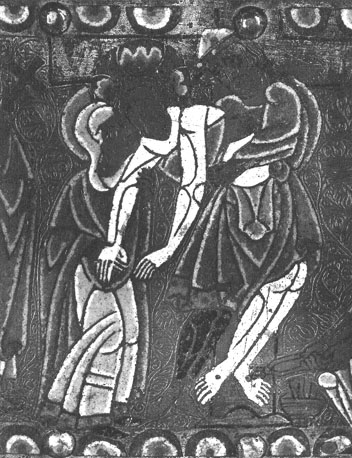 Reliekschrijn, detail: Christus wordt van het kruis genomen door Jozef van Arimatea; links: zijn moeder Maria