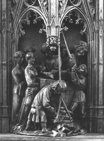 Retabel van Hakendover; detail over opbouw van kerk met drie jonkvrouwen