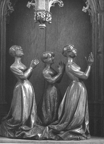 Retabel van Hakendover; detail: drie jonkvrouwen bidden voor opbouw van kerk