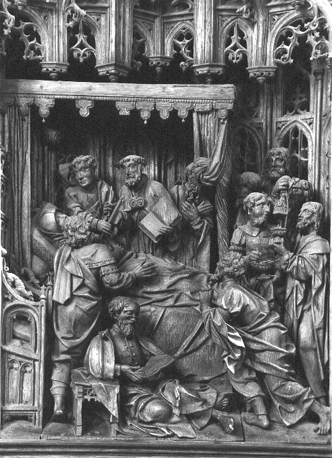Mariaretabel; detail: Maria op haar sterfbed, met apostelen rondom haar