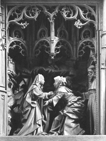 Retabel met taferelen uit leven van Maria; detail: Maria bezoekt Elizabeth / Visitatie