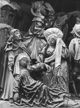 Passieretabel; detail: kruisiging van Christus: personen onder het kruis (Johannes, Maria bezwijmend, en Maria Magdalene)