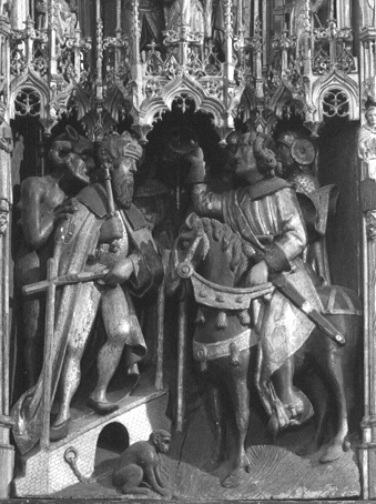 Fragment van een retabel (?); Links: soort donkere duivelsfiguur achter man met kroon en scepter, aapje aan zijn voeten; Rechts: groetende man te paard