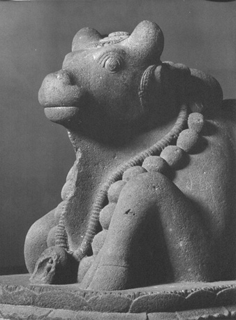 Liggende buffel, versierd met kralensnoer: Nandi, rijdier van Shiva; detail: voorzijde