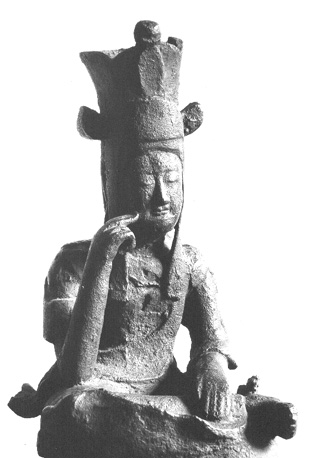 Beeld van een Bodhisattva, waarschijnlijk Maitreya, detail: bovenste helft