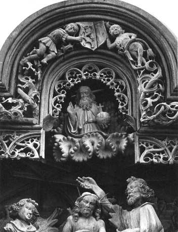 Drievuldigheidsaltaar, bovenste gedeelte: God de Vader en doop van Christus