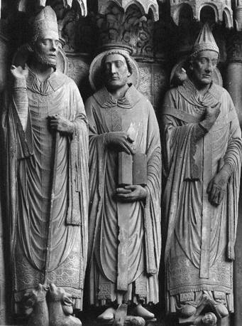 Westfacade, Zuiderportaal: Heilige Martinus, Heilige Hieronymus, Heilige Gregorius (statues colonnes)