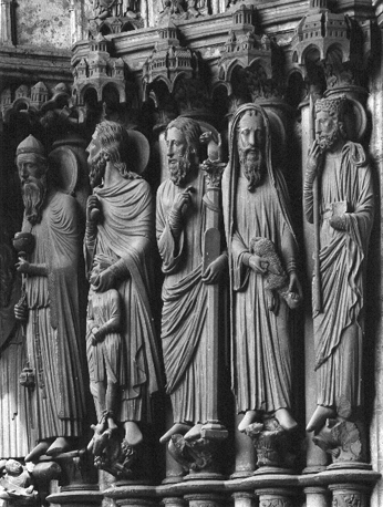 Noordertransept: Melchisedech, Abraham, Mozes, Samuel en David (statues colonnes)