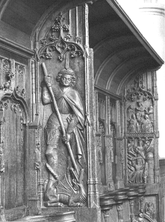 Koorbanken, detail: Sint-Joris en de draak