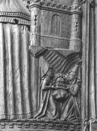 Koorbanken, detail: Judit en haar dienstmeisje stoppen het hoofd van Holofernes in een zak