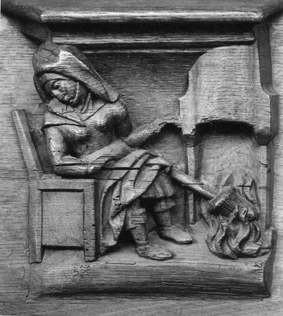 Koorbanken, detail: misericorde met slapende vrouw die haar spinrokken in het vuur heeft laten vallen