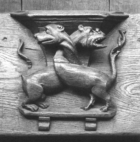 Koorbanken, detail: misericorde met twee dieren met verstrengelde nekken