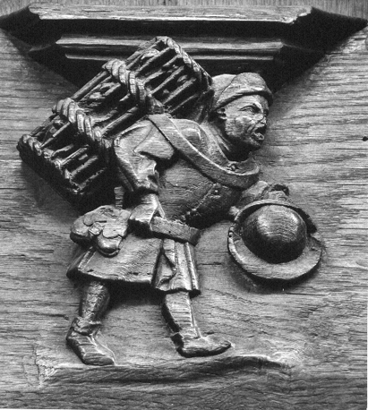 Koorbanken, detail: misericorde met schreeuwende vogelkoopman met mand op rug en hoed in hand