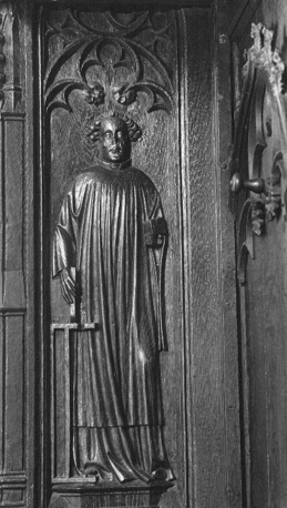 Koorbanken, detail: paneel met Sint Laurentius