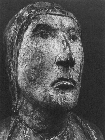 Tronende Maria met Christuskind / Sedes Sapientiae, genoemd Notre-Dame d'Evegnée, detail: hoofd van Maria