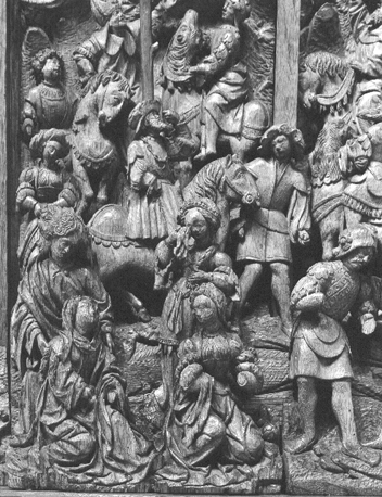 Retabel (Calvarie) detail: het verdriet om de dood van Christus (voorgrond links)
