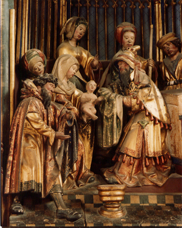 Hoogaltaar, Anna-retabel; detail rechts onderaan predella: presentatie van Christuskind in tempel (in kleur)