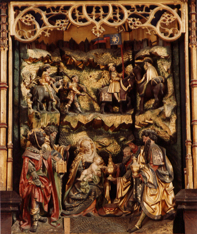 Hoogaltaar, Anna-retabel; detail predella (links): aanbidding van drie koningen (in kleur)