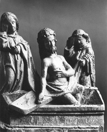 Christus zittend op de graftombe waarachter engelen staan