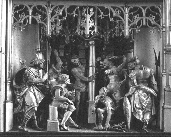 Passieretabel, detail:geseling van Christus, met handen aan een zuil gebonden