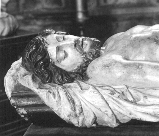 Liggende dode Christus met gesloten ogen, detail: hoofd en borst