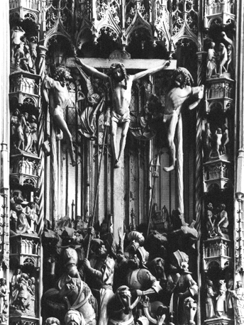 Passieretabel, middengedeelte: Christus aan het kruis tussen de twee misdadigers; Longinus met lans