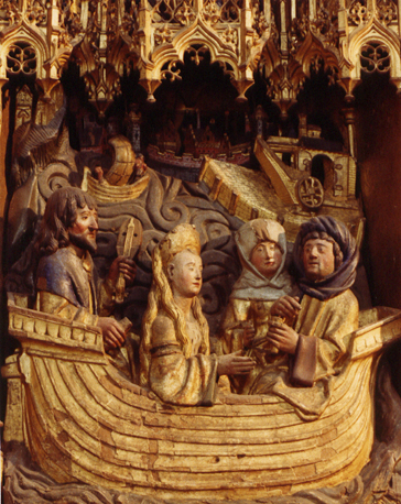 Retabel van Sint-Dymphna, detail: Dymphna , Gerebernus en 2 hovelingen in haven Antwerpen (in kleur)