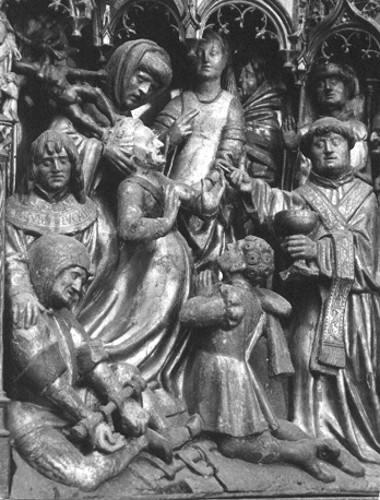 Retabel van Sint Dimpna, detail: geesteszieken roepen hulp van Dimpna in; priester reikt hostie aan